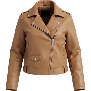 Tan‎ Faux Leather Moto Biker Jacket Women Size Large Brown Asymmetrical Zip Belt